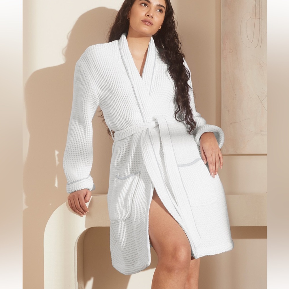 Boll & Branch women’s organic waffle robe in white with blue trim
